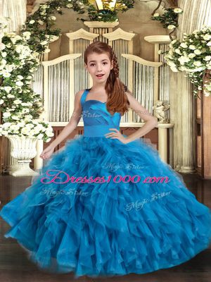 Classical Blue Straps Lace Up Ruffles Pageant Dress for Girls Sleeveless