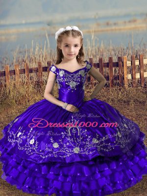 Purple Lace Up Party Dresses Embroidery and Ruffled Layers Sleeveless Floor Length