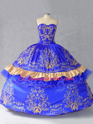 Royal Blue Sweetheart Lace Up Embroidery and Bowknot Ball Gown Prom Dress Sleeveless