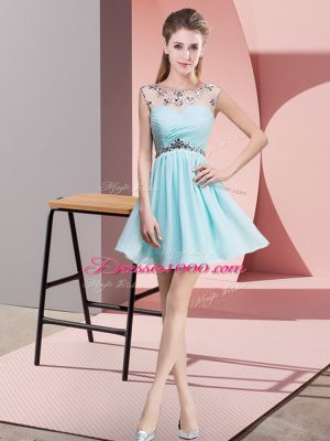 Inexpensive Mini Length Light Blue Cocktail Dress Chiffon Sleeveless Beading and Ruching