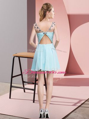 Inexpensive Mini Length Light Blue Cocktail Dress Chiffon Sleeveless Beading and Ruching
