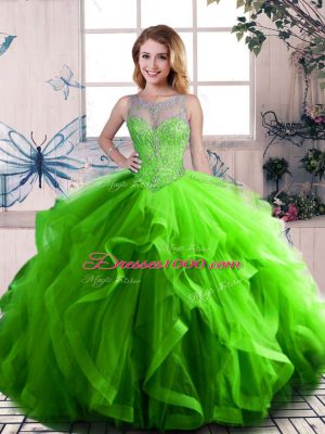 Ideal Scoop Sleeveless Quinceanera Dresses Beading and Ruffles Green Tulle