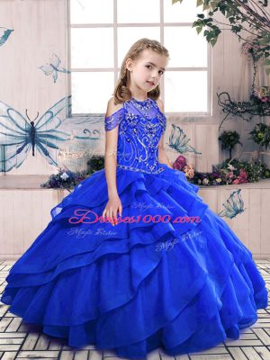Royal Blue Organza Lace Up Teens Party Dress Sleeveless Floor Length Beading