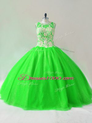 Green Tulle Lace Up Sweet 16 Quinceanera Dress Sleeveless Floor Length Beading