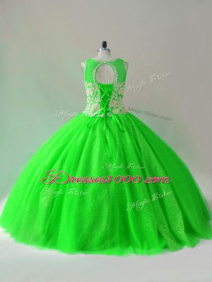 Green Tulle Lace Up Sweet 16 Quinceanera Dress Sleeveless Floor Length Beading