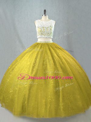 Olive Green Sleeveless Floor Length Beading Zipper 15th Birthday Dress