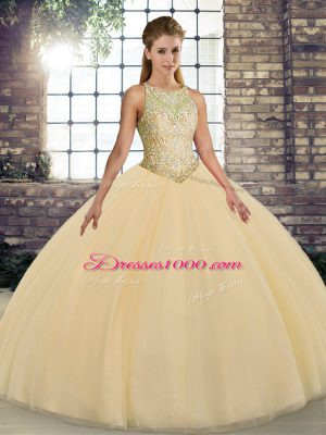Custom Fit Gold Lace Up Scoop Embroidery Sweet 16 Quinceanera Dress Tulle Sleeveless