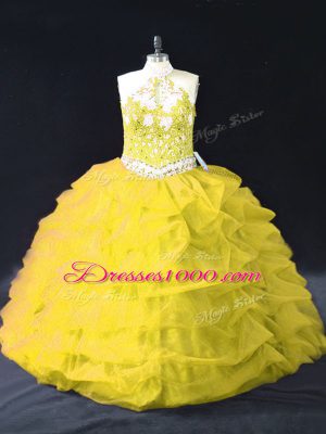 Free and Easy Gold Ball Gowns Appliques and Pick Ups Quinceanera Dress Backless Organza Sleeveless Floor Length