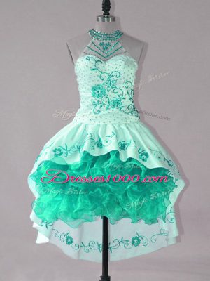 Stylish Turquoise Lace Up Strapless Embroidery and Ruffles Dress for Prom Satin and Organza Sleeveless