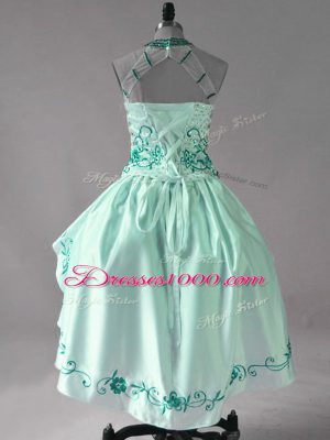 Stylish Turquoise Lace Up Strapless Embroidery and Ruffles Dress for Prom Satin and Organza Sleeveless