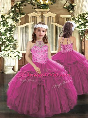 Extravagant Floor Length Fuchsia Vestidos de Quinceanera Tulle Sleeveless Beading and Ruffles