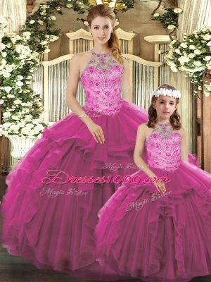 Extravagant Floor Length Fuchsia Vestidos de Quinceanera Tulle Sleeveless Beading and Ruffles