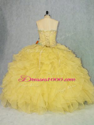 Custom Made Yellow Organza Lace Up Sweetheart Sleeveless Floor Length Sweet 16 Quinceanera Dress Appliques and Ruffles