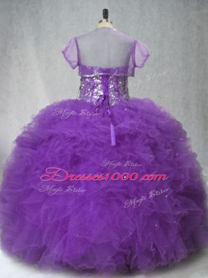 Sweetheart Sleeveless Vestidos de Quinceanera Floor Length Beading and Ruffles Purple Tulle