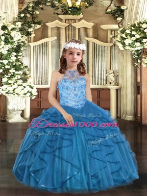 Floor Length Lace Up Girls Pageant Dresses Blue for Party and Wedding Party with Beading and Ruffles
