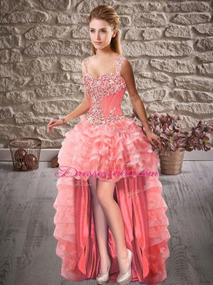 Elegant Watermelon Red A-line Beading and Ruffled Layers Pageant Dress Lace Up Organza Sleeveless High Low