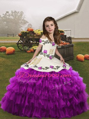 Floor Length Lace Up Little Girl Pageant Dress Purple for Party and Wedding Party with Embroidery and Ruffled Layers