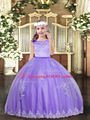 Elegant Lace and Appliques Pageant Gowns For Girls Lavender Zipper Sleeveless Floor Length