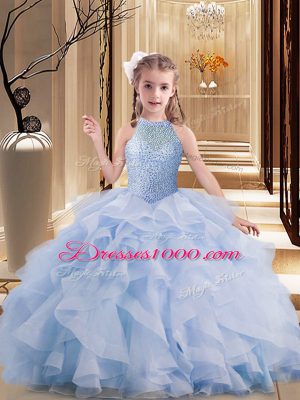 Wonderful Sleeveless Tulle Brush Train Lace Up Kids Pageant Dress in Lavender with Beading