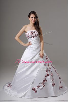 White Satin Lace Up Strapless Sleeveless Wedding Dress Brush Train Embroidery