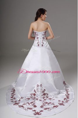 White Satin Lace Up Strapless Sleeveless Wedding Dress Brush Train Embroidery