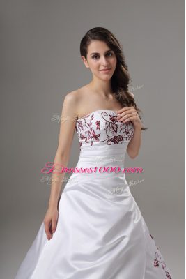 White Satin Lace Up Strapless Sleeveless Wedding Dress Brush Train Embroidery