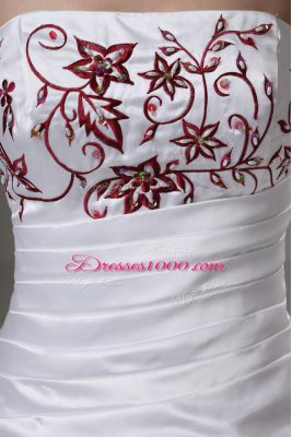 White Satin Lace Up Strapless Sleeveless Wedding Dress Brush Train Embroidery