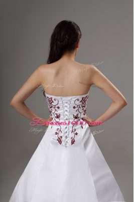 White Satin Lace Up Strapless Sleeveless Wedding Dress Brush Train Embroidery