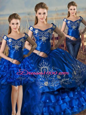 Royal Blue Lace Up Off The Shoulder Embroidery and Ruffled Layers Quince Ball Gowns Satin and Organza Sleeveless