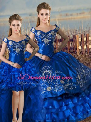 Royal Blue Lace Up Off The Shoulder Embroidery and Ruffled Layers Quince Ball Gowns Satin and Organza Sleeveless