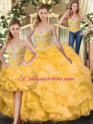 High Class Floor Length Lace Up Sweet 16 Dresses Gold for Sweet 16 and Quinceanera with Beading and Ruffles