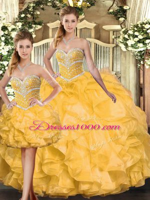 High Class Floor Length Lace Up Sweet 16 Dresses Gold for Sweet 16 and Quinceanera with Beading and Ruffles