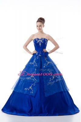 Graceful Organza V-neck Sleeveless Lace Up Embroidery and Ruffled Layers Quinceanera Dress in Royal Blue