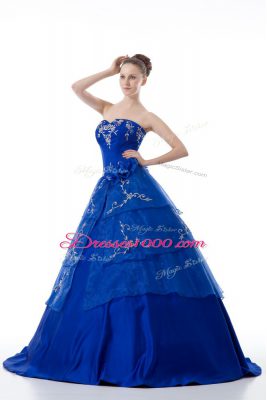 Graceful Organza V-neck Sleeveless Lace Up Embroidery and Ruffled Layers Quinceanera Dress in Royal Blue