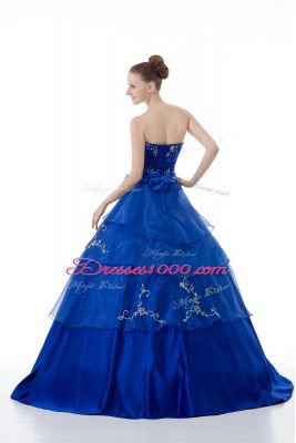 Graceful Organza V-neck Sleeveless Lace Up Embroidery and Ruffled Layers Quinceanera Dress in Royal Blue