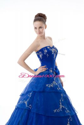 Graceful Organza V-neck Sleeveless Lace Up Embroidery and Ruffled Layers Quinceanera Dress in Royal Blue