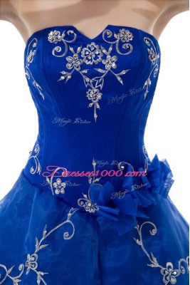 Graceful Organza V-neck Sleeveless Lace Up Embroidery and Ruffled Layers Quinceanera Dress in Royal Blue