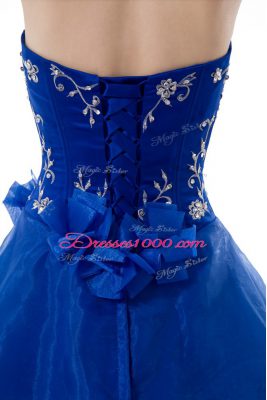 Graceful Organza V-neck Sleeveless Lace Up Embroidery and Ruffled Layers Quinceanera Dress in Royal Blue