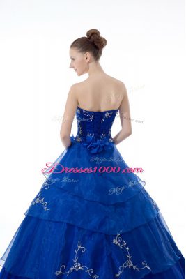 Graceful Organza V-neck Sleeveless Lace Up Embroidery and Ruffled Layers Quinceanera Dress in Royal Blue