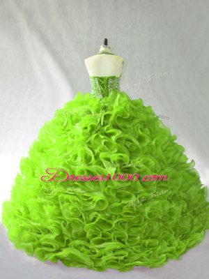 Hot Sale Lace Up Halter Top Beading and Ruffles Ball Gown Prom Dress Organza Sleeveless