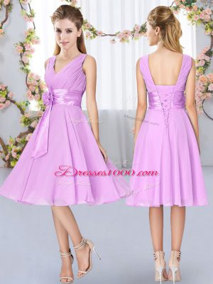 Best Lilac V-neck Lace Up Hand Made Flower Quinceanera Court Dresses Sleeveless