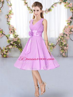 Best Lilac V-neck Lace Up Hand Made Flower Quinceanera Court Dresses Sleeveless