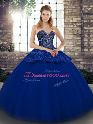 Royal Blue Tulle Lace Up Quinceanera Gown Sleeveless Floor Length Beading and Appliques