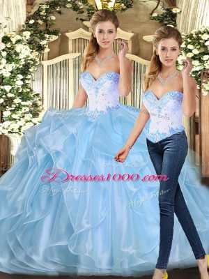 Cute Sweetheart Sleeveless 15th Birthday Dress Floor Length Beading and Ruffles Blue Organza