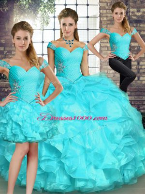 Hot Sale Aqua Blue Three Pieces Organza Off The Shoulder Sleeveless Beading and Ruffles Floor Length Lace Up Quinceanera Dress