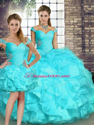 Hot Sale Aqua Blue Three Pieces Organza Off The Shoulder Sleeveless Beading and Ruffles Floor Length Lace Up Quinceanera Dress