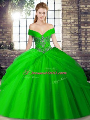 Green Ball Gowns Tulle Off The Shoulder Sleeveless Beading and Pick Ups Lace Up Vestidos de Quinceanera Brush Train
