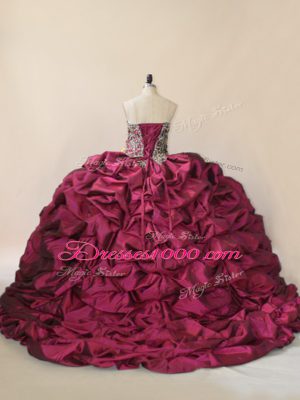 Fine Fuchsia Lace Up Sweetheart Beading and Pick Ups Ball Gown Prom Dress Taffeta and Tulle Sleeveless Brush Train