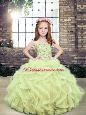 Yellow Green Sleeveless Tulle Lace Up Custom Made Pageant Dress for Party and Military Ball and Wedding Party