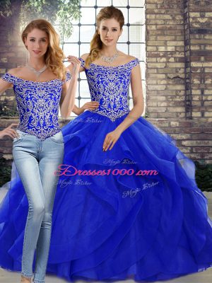 Noble Royal Blue Two Pieces Beading and Ruffles Sweet 16 Quinceanera Dress Lace Up Tulle Sleeveless
